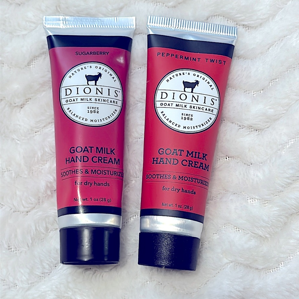 NEW: 2pc DIONIS Luxury Goat Milk Hand Creams, -N-Peppermint Twist & Sugar-Berry